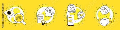 Consulting business, Strategy and Technical algorithm line icons set. Licence, cell phone and deal vector icons. Verification person sign. Team meeting, Puzzle, Project doc. Approved client. Vector