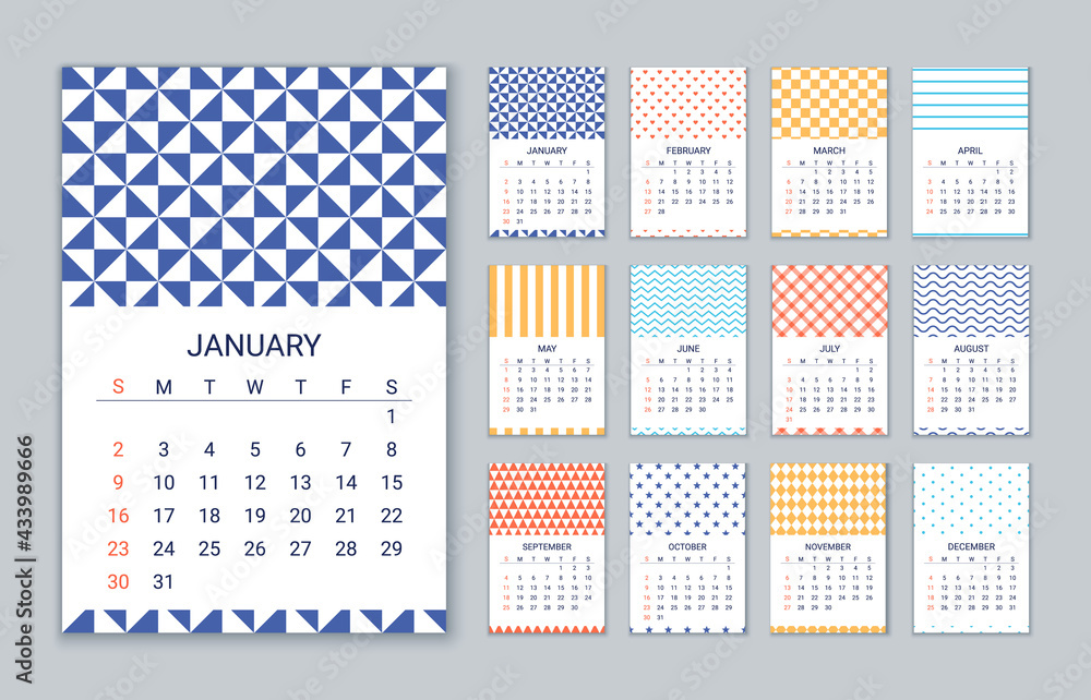 2022 Calendar. Vector. Week starts Sunday. Calender template. Yearly organizer with 12 month. Wall year layout with geometric prints. Portrait vertical orientation, English. Simple illustration