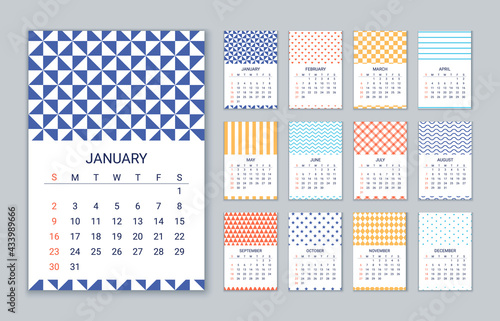 2022 Calendar. Vector. Week starts Sunday. Calender template. Yearly organizer with 12 month. Wall year layout with geometric prints. Portrait vertical orientation, English. Simple illustration