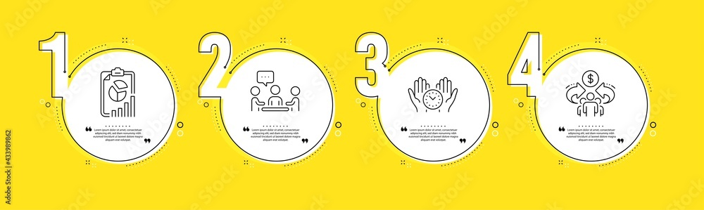 People chatting, Safe time and Report line icons set. Timeline process infograph. Sharing economy sign. Conference, Management, Presentation chart. Share. Education set. Vector