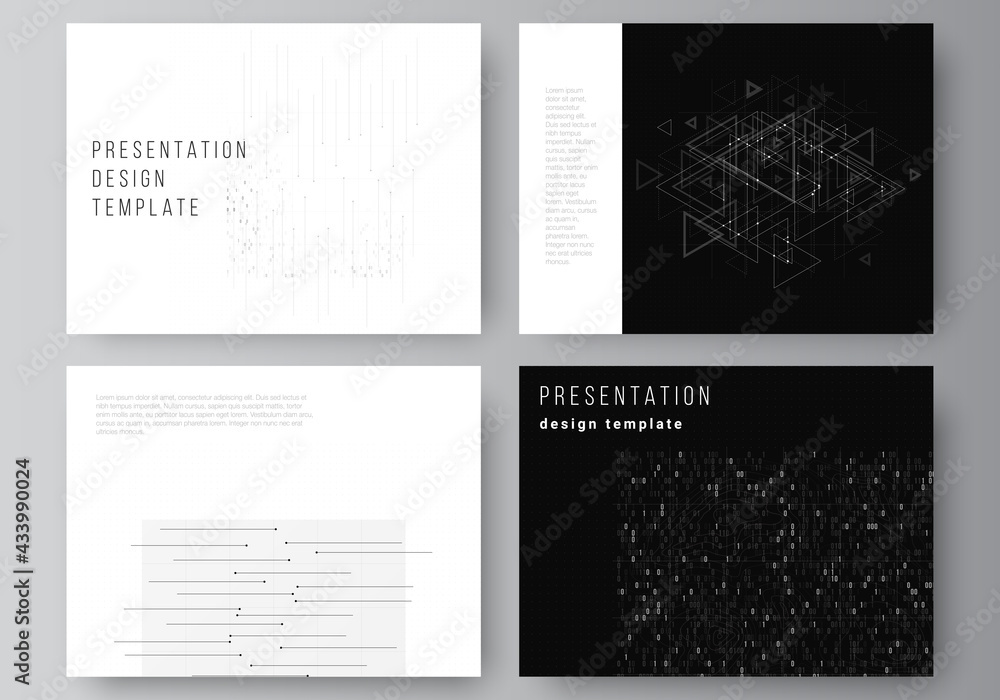 Vector layout of the presentation slides design business templates, template for presentation brochure, brochure cover, report. Abstract technology black color science background. High tech concept. Vector layout of the presentation slides design business templates, template for presentation brochure, brochure cover, report. Abstract technology black color science background. High tech concept.