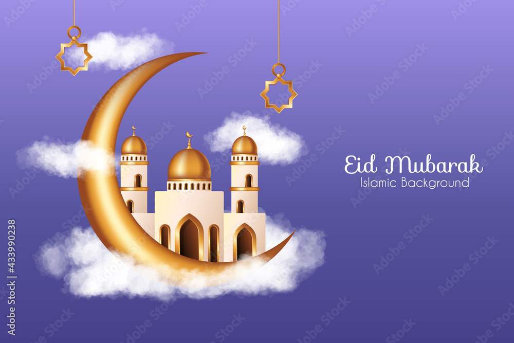 Islamic background with realistic clouds, 3d golden mosque and crescent ...