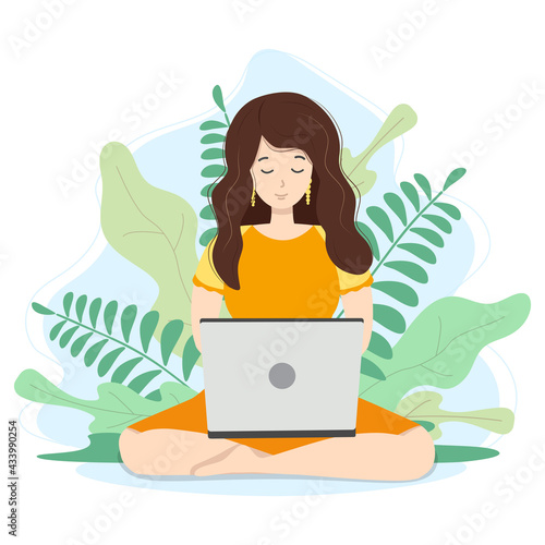 Woman with laptop sitting in nature and leaves. Concept illustration for working, freelancing, studying, education, work from home