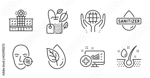 Organic product, Hand sanitizer and Mint bag line icons set. Organic tested, Serum oil and Problem skin signs. Medical analytics, Hospital building symbols. Leaf, Hygiene care, Mentha tea. Vector