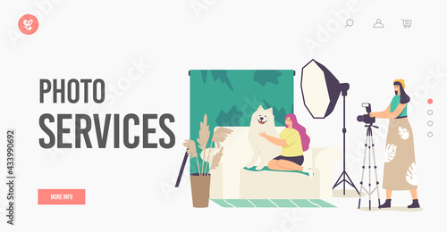Photo Sevices Landing Page Template. Domestic Animal Photo Session, Pets Photography Shoot. Photographer Make Photo