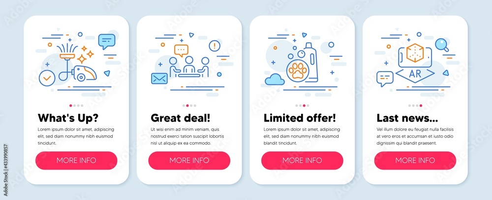 Set of Business icons, such as Pet shampoo, People chatting, Vacuum cleaner symbols. Mobile screen mockup banners. Augmented reality line icons. Cleaning shampoo, Conference, Vacuum-clean. Vector Set of Business icons, such as Pet shampoo, People chatting, Vacuum cleaner symbols. Mobile screen mockup banners. Augmented reality line icons. Cleaning shampoo, Conference, Vacuum-clean. Vector