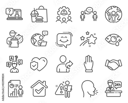 People icons set. Included icon as Refer friend, Conjunctivitis eye, Business report signs. Smile chat, Quiz test, Engineering team symbols. Reception desk, Cough, Handshake. Faq. Vector