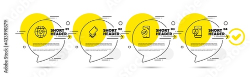 Smartphone broken, Global insurance and Approved phone line icons set. Timeline infograph speech bubbles. Ab testing sign. Phone crash, Full coverage, Verified smartphone. Technology set. Vector