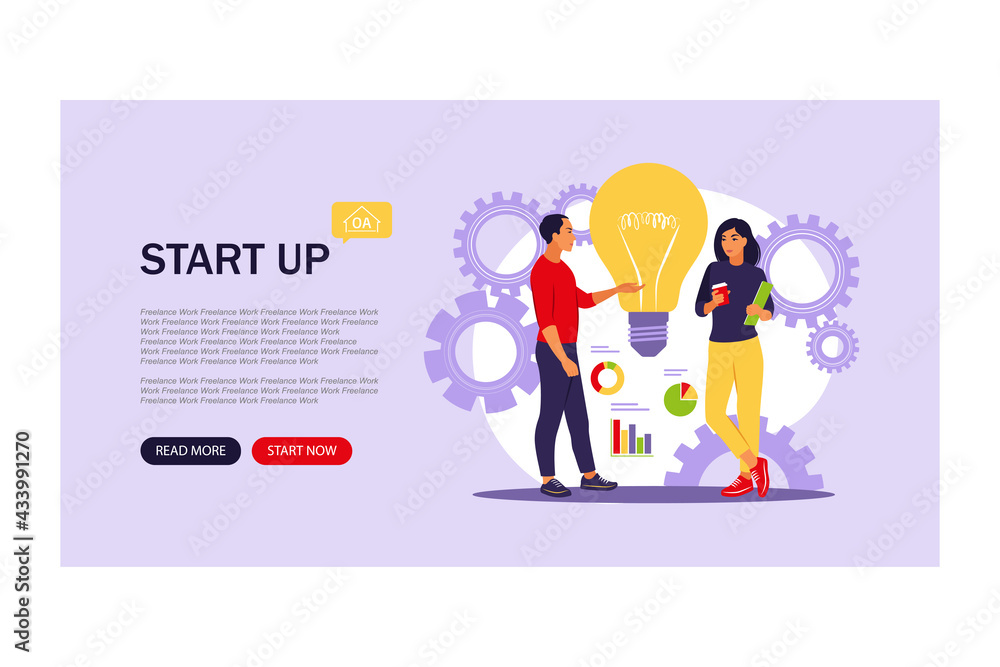 Idea, start up launching, business success, brainstorm concept. Website landing web page template.Vector illustration. Flat.