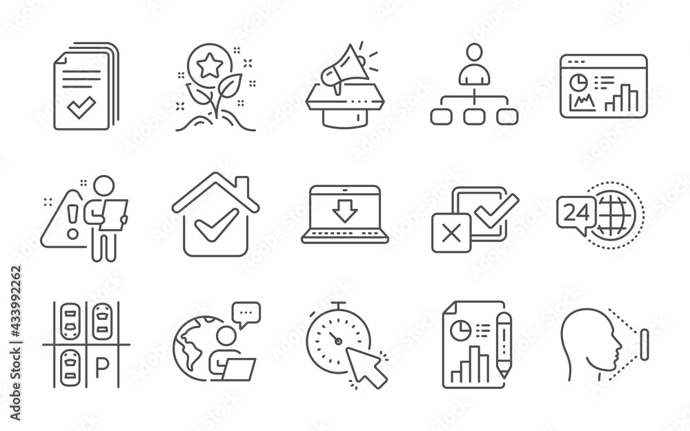 Fototapeta premium Timer, Handout and Megaphone line icons set. 24h service, Report document and Management signs. Loyalty points, Face id and Checkbox symbols. Line icons set. Vector
