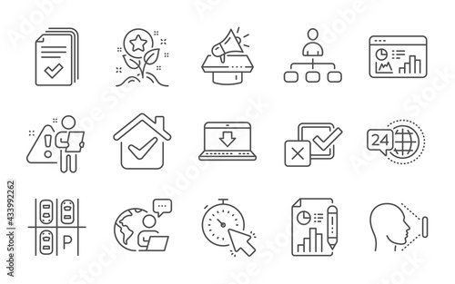 Timer, Handout and Megaphone line icons set. 24h service, Report document and Management signs. Loyalty points, Face id and Checkbox symbols. Line icons set. Vector