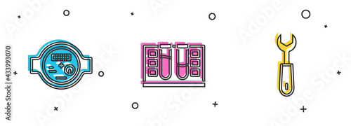 Set Water meter, Test tube with water drop and Wrench spanner icon. Vector