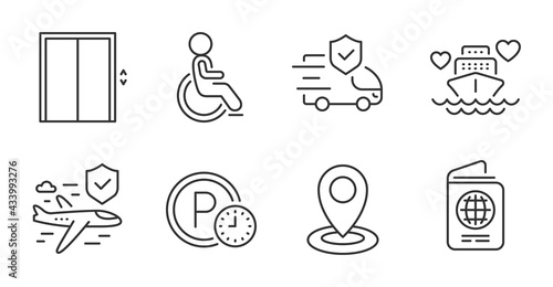Location, Transport insurance and Disabled line icons set. Lift, Passport and Honeymoon cruise signs. Parking time, Flight insurance symbols. Quality line icons. Location badge. Vector