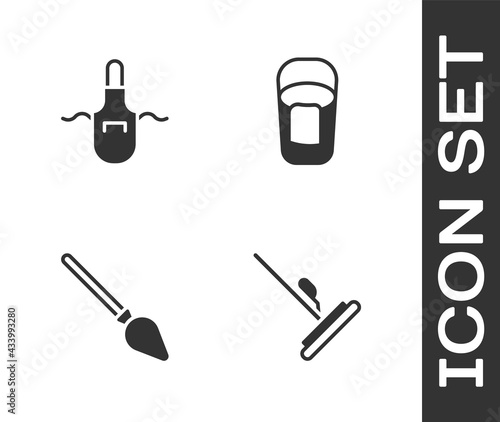 Set Mop, Kitchen apron, Handle broom and Bucket with rag icon. Vector