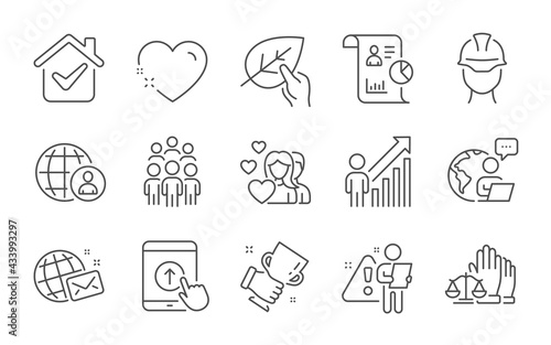 Couple, World mail and Swipe up line icons set. Employee result, Heart and Organic tested signs. Winner cup, Foreman and International recruitment symbols. Line icons set. Vector