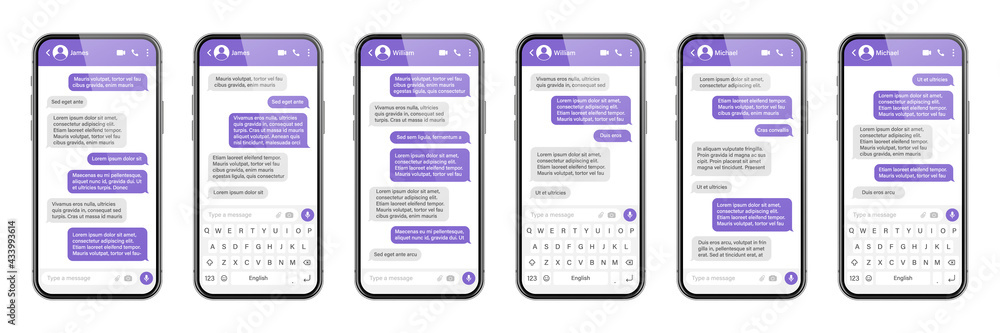 Realistic smartphone with messaging app. SMS text frame. Messenger chat screen with violet message bubbles and placeholder text. Social media application. Vector illustration. Realistic smartphone with messaging app. SMS text frame. Messenger chat screen with violet message bubbles and placeholder text. Social media application. Vector illustration.