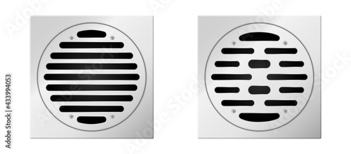 Realistic square shower drainage holes with stainless grid covers isolated on white background