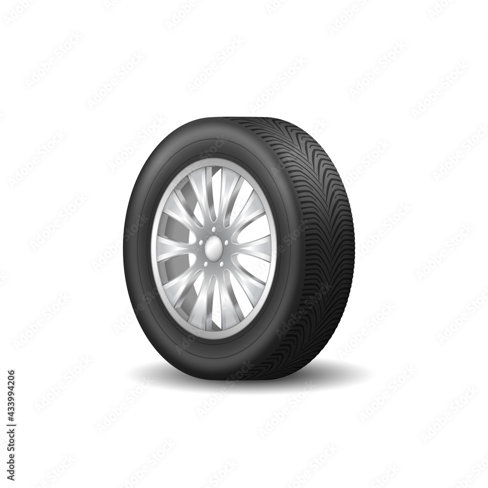 Wheel tire icon, realistic sport rim on white background. Black auto rubber tyre and metal disk Wheel tire icon, realistic sport rim on white background. Black auto rubber tyre and metal disk