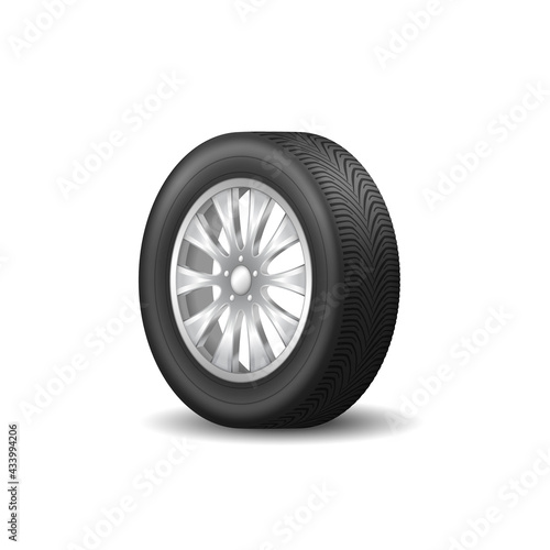 Wheel tire icon  realistic sport rim on white background. Black auto rubber tyre and metal disk