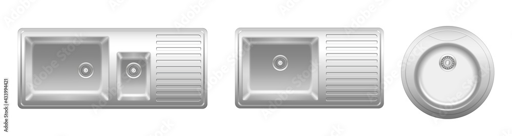 Set o stainless metal kitchen sinks for restaurant and home household. Metal basins for dish washing Set o stainless metal kitchen sinks for restaurant and home household. Metal basins for dish washing