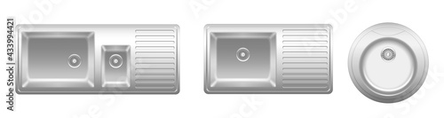 Set o stainless metal kitchen sinks for restaurant and home household. Metal basins for dish washing