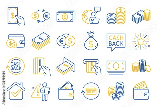 Money line icons. Set of Banking, Wallet and Coins icons. Credit card, Currency exchange and Cashback money service. Euro and Dollar, Cash wallet, exchange. Banking credit card, atm payment. Vector