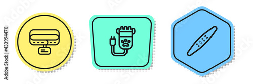 Set line Collar with name tag, Hair clipper pet and Nail file. Colored shapes. Vector