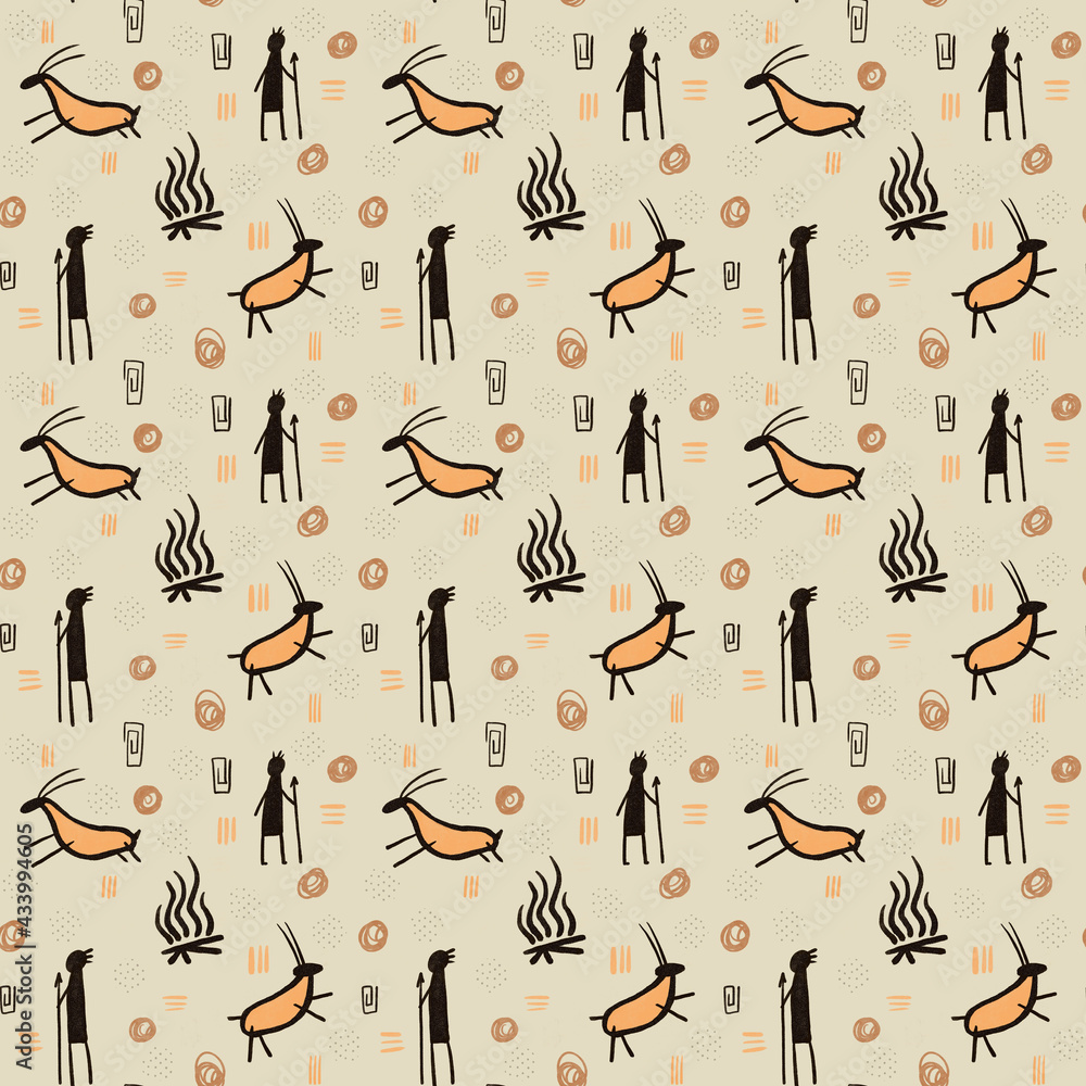 primitive people first hunters seamless pattern, rock art wallpaper, graphic background