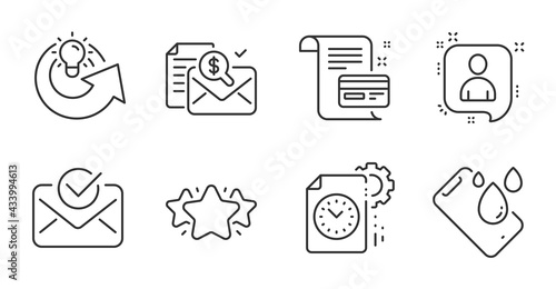 Payment card, Smartphone waterproof and Star line icons set. Project deadline, Accounting report and Developers chat signs. Approved mail, Share idea symbols. Quality line icons. Vector