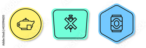 Set line Teapot with cup, No doping syringe and Soda can. Colored shapes. Vector