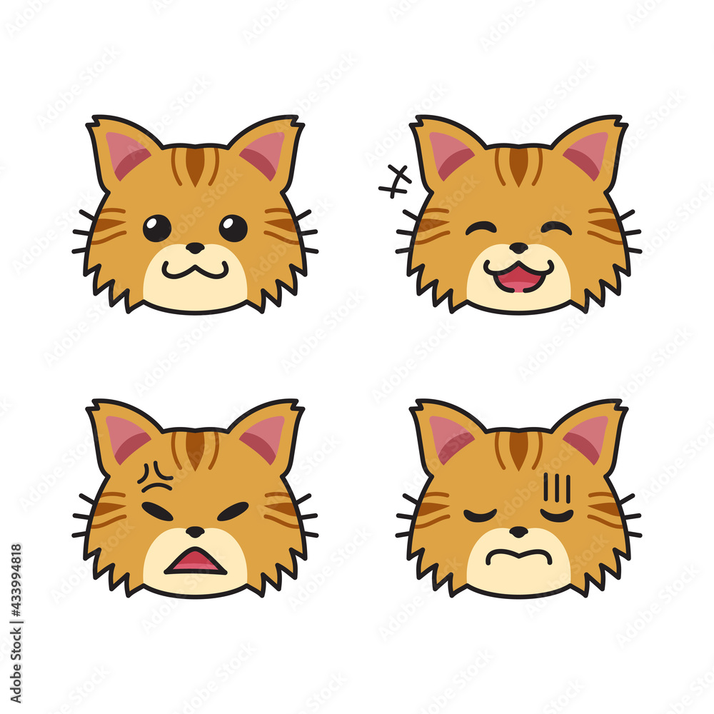 Set of cute brown cat faces showing different emotions for design.
