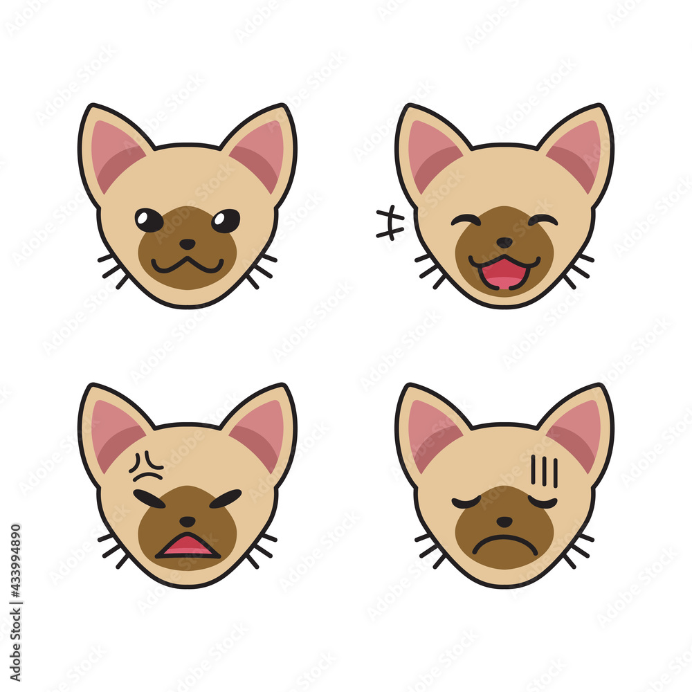 Set of brown cat faces showing different emotions for design.