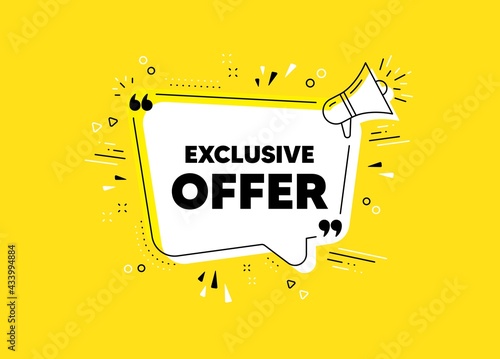 Exclusive offer. Megaphone yellow vector banner. Sale price sign. Advertising discounts symbol. Thought speech bubble with quotes. Exclusive offer chat think megaphone message. Vector