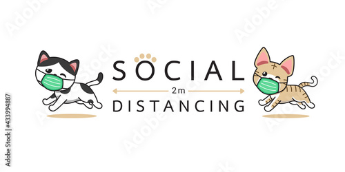Covid-19 protection concept cartoon character cats wearing protective face mask social distancing for design.