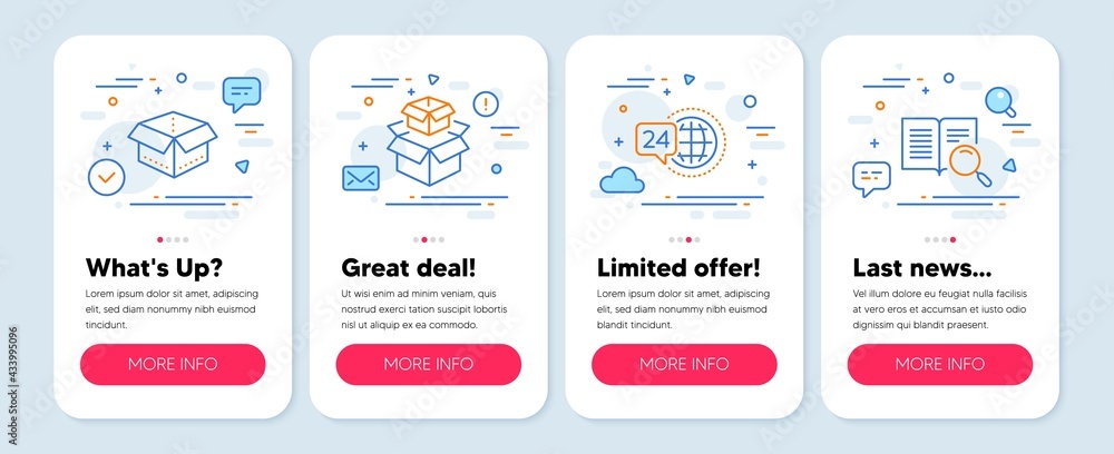 Set of Business icons, such as Packing boxes, 24h service, Open box symbols. Mobile screen app banners. Search text line icons. Delivery box, Call support, Delivery package. Open book. Vector