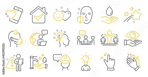 Set of People icons, such as Touchscreen gesture, Smile, People chatting symbols. Winner, Face protection, Education signs. Water care, Clapping hands, Washing hands. Health eye, Idea. Vector