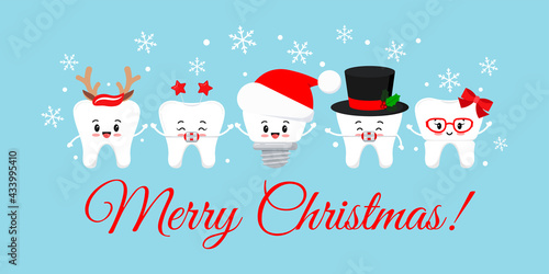 Cute Christmas teeth with xmas accessories on dentist greeting card. White winter teeth emoji implant, in braces in santa hat with deer horns photo props. Flat design cartoon vector illustration. 