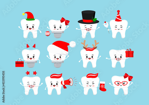 Chistmas smilling teeth dental icon set isolated. Dentist xmas cute tooth implant, in braces, crown character in santa hat, deer horns, elf, with ball. Flat design cartoon vector clip art illustration