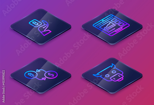 Set Isometric line Hand holding Bitcoin, Cryptocurrency exchange, Trading courses and Bull market. Blue square button. Vector