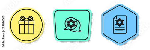 Set line Gift box, Star of David and Torah scroll. Colored shapes. Vector