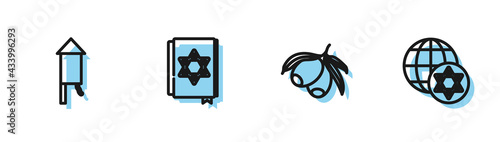 Set line Olives branch, Firework rocket, Jewish torah book and World Globe and Israel icon. Vector