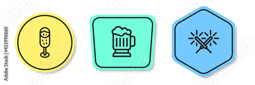 Set line Glass of champagne, Wooden beer mug and Sparkler firework. Colored shapes. Vector