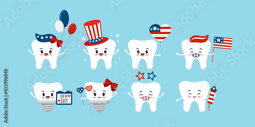 4 th of July teeth dental icon set isolated. Dentist cute tooth implant, in braces, crown character with waving american flag, ballons, glasses. Flat cartoon vector independence clip art illustration.