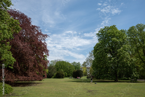 Outdoor sunny scenery of tranquil, shady and natural atmosphere of Zoo Park in Düsseldorf, Germany.