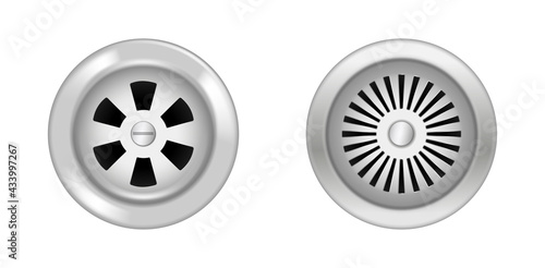 Bath or sink metallic round drainage. Kitchen sewer or bathroom stainless plumbing drain hole