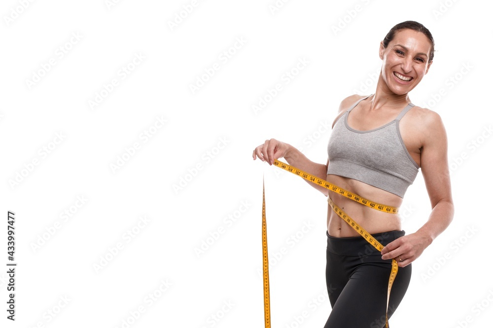 sporty slim woman with measuring tape sporty slim woman with measuring tape