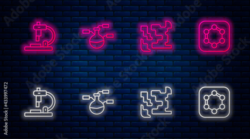 Set line Test tube and flask, Gaseous, Microscope and Formula of benzene rings. Glowing neon icon on brick wall. Vector