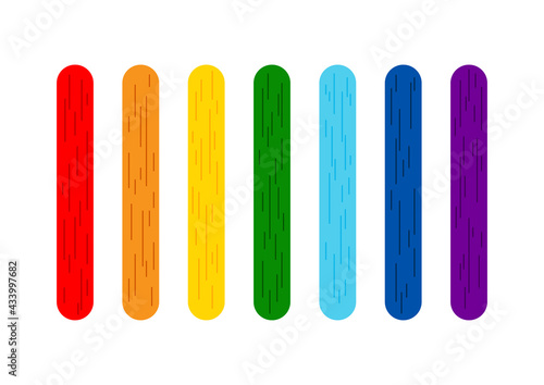 Rainbow color popsicle stick for game or ice cream set. Stick for kids activity, color matching, math game, holding ice cream lollipop with wooden texture. Flat cartoon vector clip art illustration.