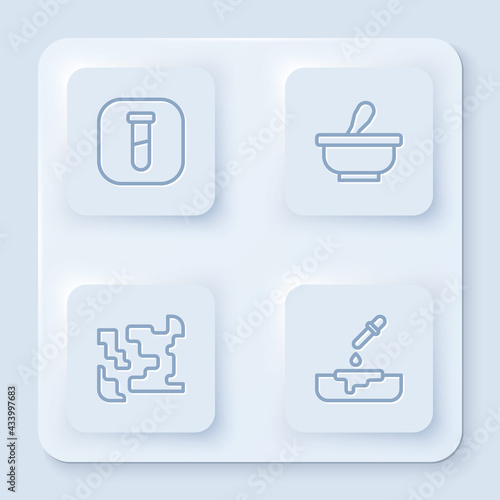 Set line Test tube and flask, Mortar pestle, Gaseous and Petri dish with pipette. White square button. Vector