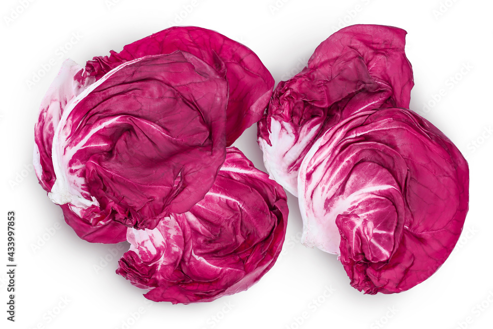 Fresh red radicchio salad leaf isolated on white background with clipping path and full depth of field, Top view. Flat lay Fresh red radicchio salad leaf isolated on white background with clipping path and full depth of field, Top view. Flat lay
